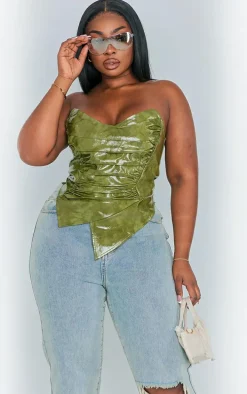 Plus Olive Washed Faux Leather Ruched Bandeau Corset