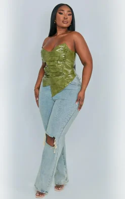 Plus Olive Washed Faux Leather Ruched Bandeau Corset