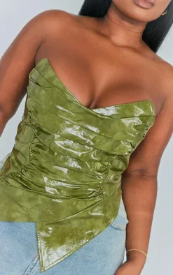Plus Olive Washed Faux Leather Ruched Bandeau Corset