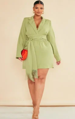 Plus Olive Wrap Front Tassel Belted Dress
