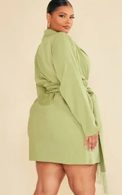 Plus Olive Wrap Front Tassel Belted Dress