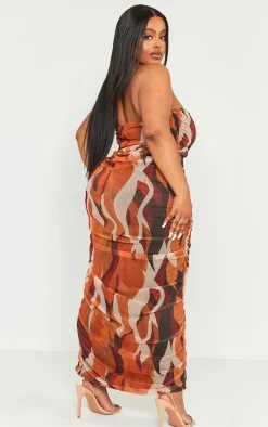 Plus Orange Abstract Print Mesh Bandeau Ruched Maxi Dress