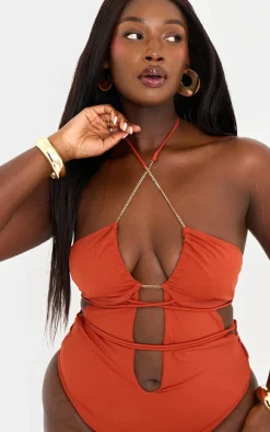 Plus Orange Chain Detail Cut Out Swimsuit