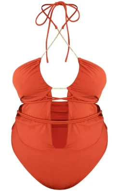 Plus Orange Chain Detail Cut Out Swimsuit