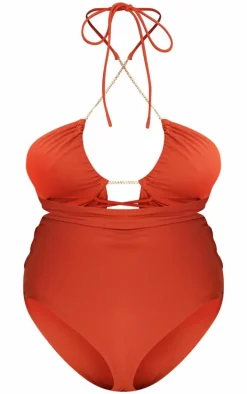 Plus Orange Chain Detail Cut Out Swimsuit