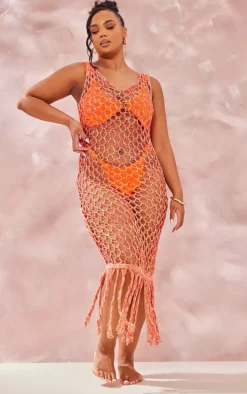 Plus Orange Fishnet Knitted Maxi Dress