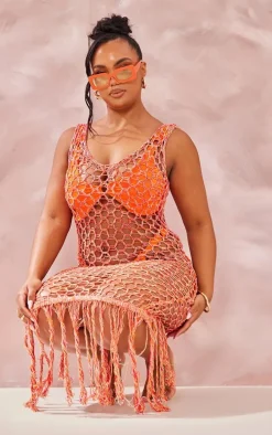 Plus Orange Fishnet Knitted Maxi Dress