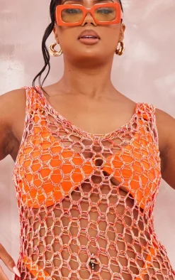 Plus Orange Fishnet Knitted Maxi Dress
