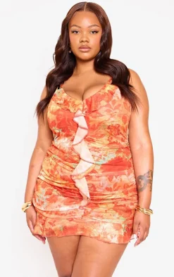 Plus Orange Floral Abstract Print Frill Detail Shift Dress