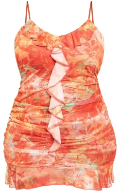 Plus Orange Floral Abstract Print Frill Detail Shift Dress