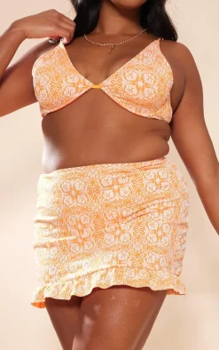 Plus Orange Floral Ruffle Beach Skirt