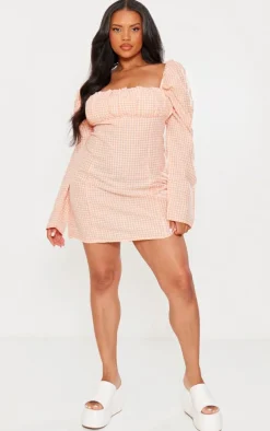 Plus Orange Gingham Puff Sleeve Dress