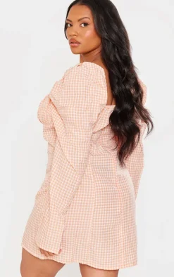 Plus Orange Gingham Puff Sleeve Dress