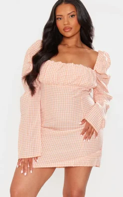 Plus Orange Gingham Puff Sleeve Dress
