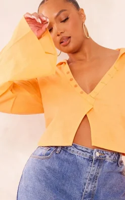 Plus Orange Linen Look Long Sleeve Shirt