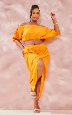 Plus Orange Linen Look Ruched Side Split Midi Skirt