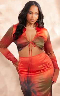 Plus Orange Palm Print Tie Front Cropped Shirt