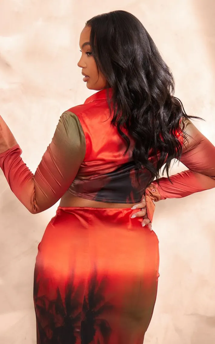 Plus Orange Palm Print Tie Front Cropped Shirt