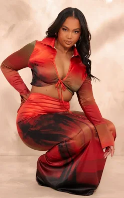 Plus Orange Palm Print Tie Front Cropped Shirt