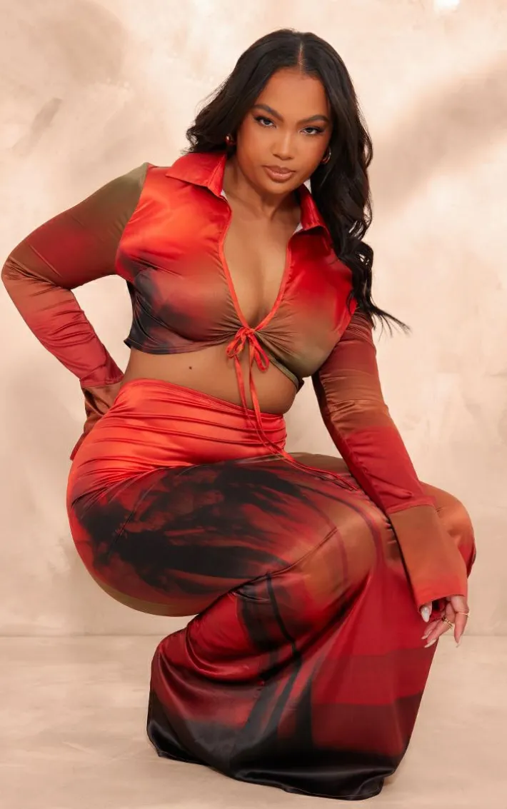 Plus Orange Palm Print Tie Front Cropped Shirt