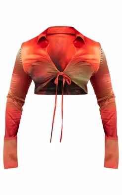 Plus Orange Palm Print Tie Front Cropped Shirt