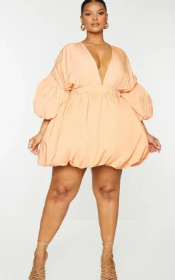 Plus Orange Puff Sleeve Puffball Hem Shift Dress