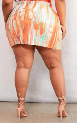 Plus Orange Teal Printed Plisse Micro Mini Skirt