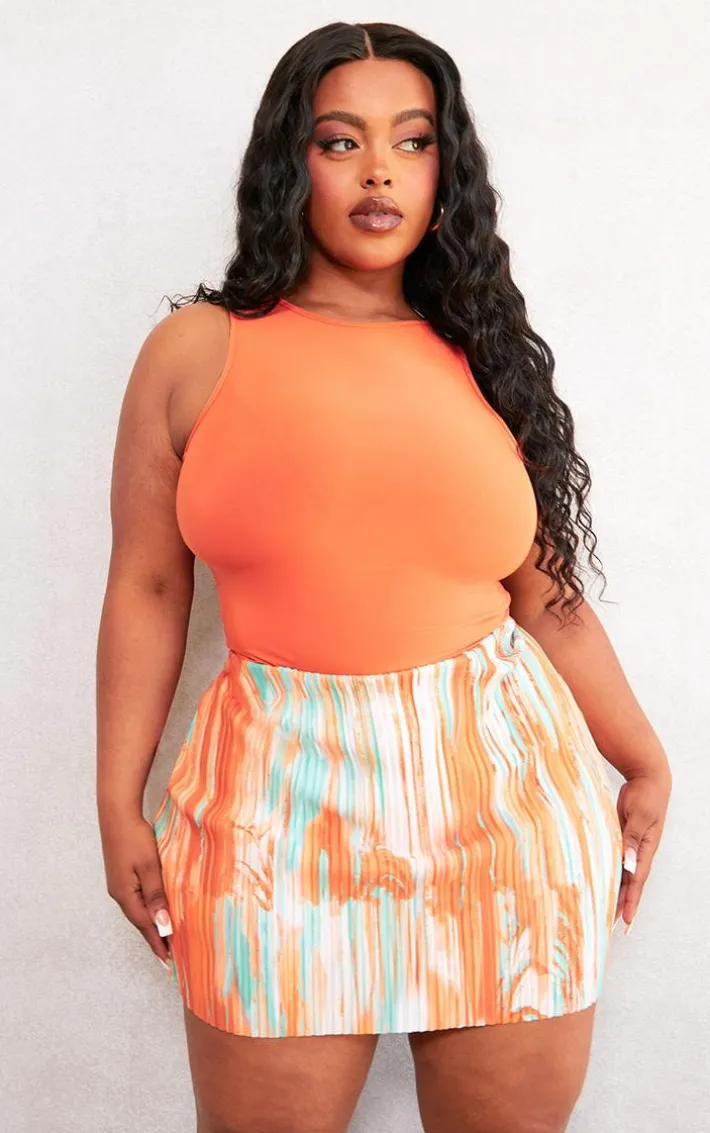 Plus Orange Teal Printed Plisse Micro Mini Skirt