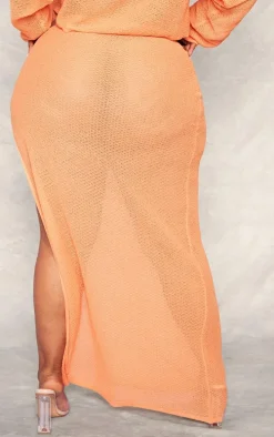 Plus Orange Textured Sheer Knit Ruched Side Maxi Skirt