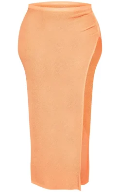 Plus Orange Textured Sheer Knit Ruched Side Maxi Skirt