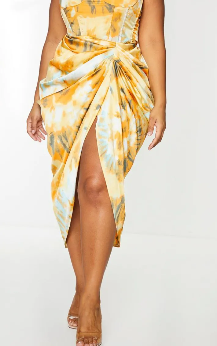 Plus Orange Tie Dye Ruched Side Midi Skirt