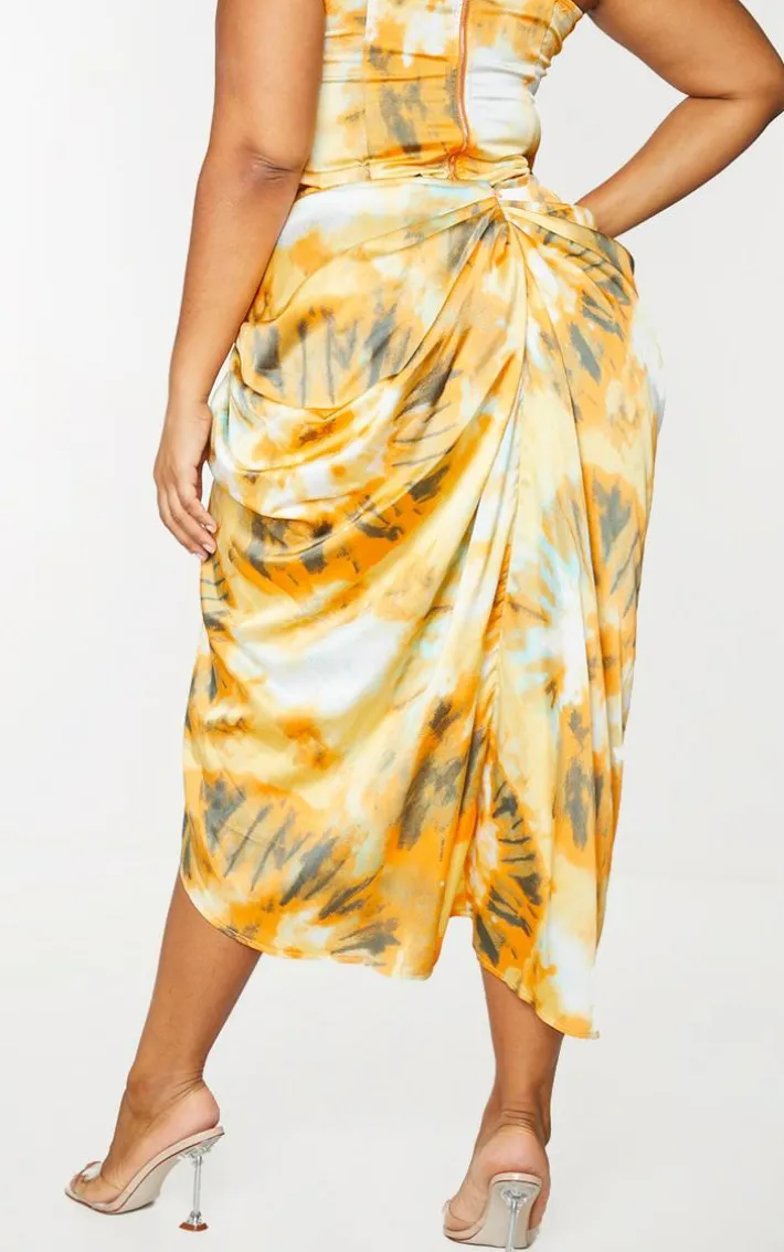 Plus Orange Tie Dye Ruched Side Midi Skirt