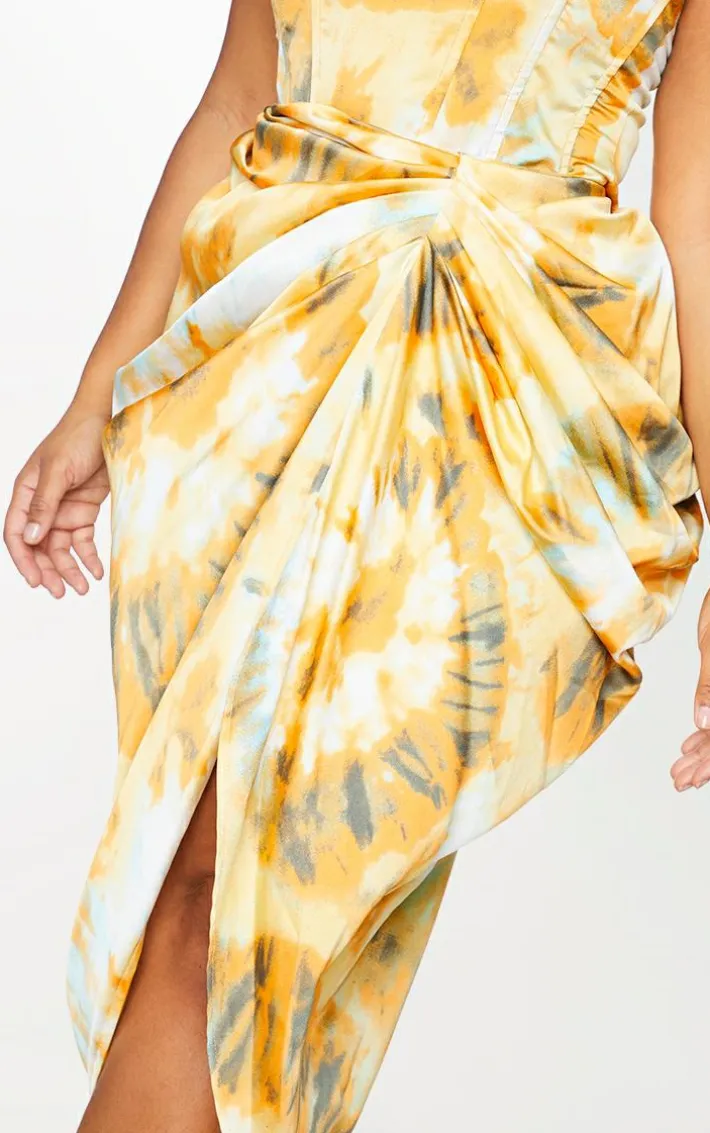 Plus Orange Tie Dye Ruched Side Midi Skirt