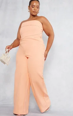 Plus Peach Linen Look Ruched Bust Detail Bandeau Jumpsuit