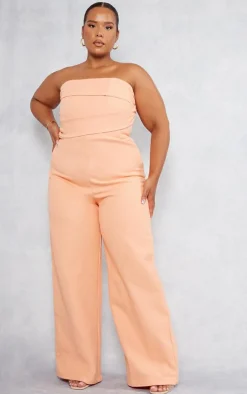 Plus Peach Linen Look Ruched Bust Detail Bandeau Jumpsuit