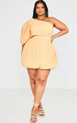 Plus Peach Textured One Shoulder Puffball Dress