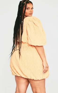 Plus Peach Textured One Shoulder Puffball Dress