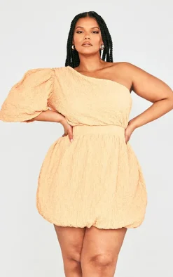 Plus Peach Textured One Shoulder Puffball Dress