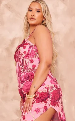 Plus Pink Abstract Floral Print Corset Style Asymmetric Hem Midi Dress