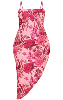 Plus Pink Abstract Floral Print Corset Style Asymmetric Hem Midi Dress