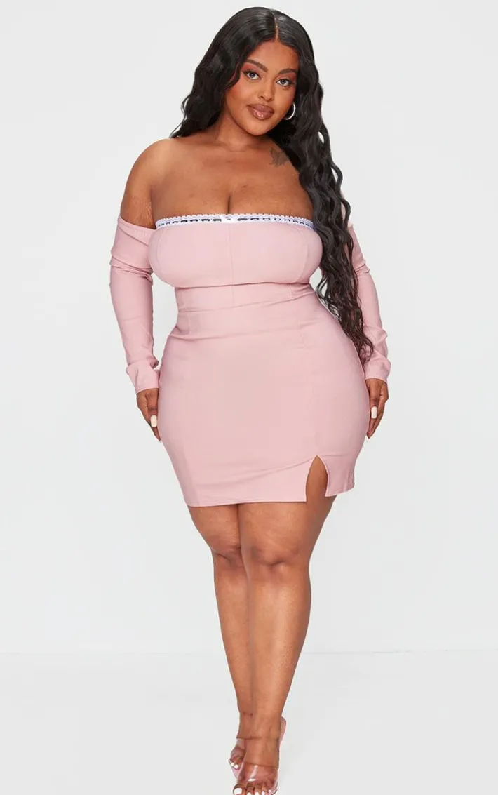 Plus Pink Bardot Corset Detail Bodycon Dress