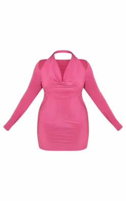 Plus Pink Cowl Neck Long Sleeve Bodycon Dress