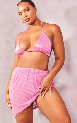 Plus Pink Diamante Mesh Ruched Beach Skirt