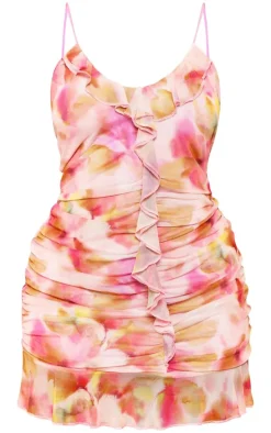 Plus Pink Floral Abstract Print Frill Detail Shift Dress