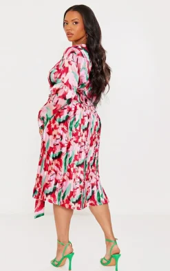 Plus Pink Floral Print Long Sleeve Pleated Midi Dress