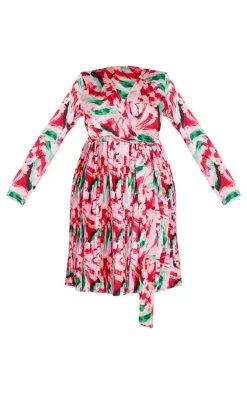 Plus Pink Floral Print Long Sleeve Pleated Midi Dress