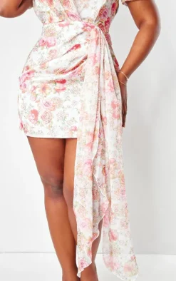 Plus Pink Floral Print One Shoulder Draped Chiffon Bodycon Dress