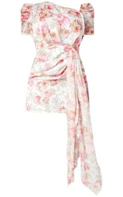 Plus Pink Floral Print One Shoulder Draped Chiffon Bodycon Dress