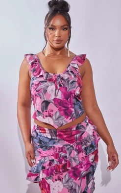 Plus Pink Floral Printed Ruffle Scoop Neck Top