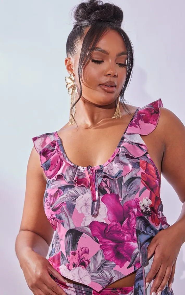 Plus Pink Floral Printed Ruffle Scoop Neck Top